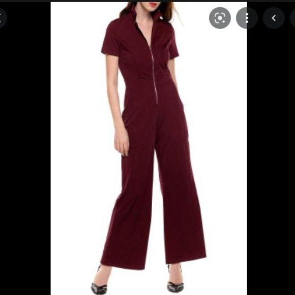Meaneor Pants - Meaneor Maroon Front Zip Wide Leg Playsuit Jumpsuit Size Small